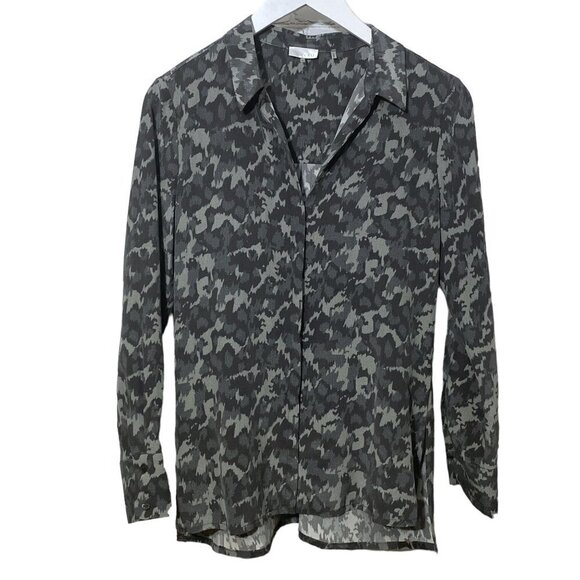 ECRU STYLE Womens Silk Blouse Size XS Gray Camo Long Sleeve Top Button up - Picture 1 of 15
